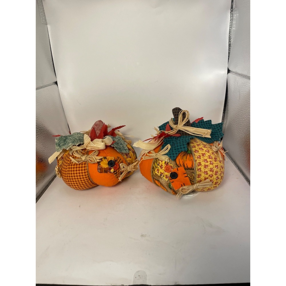 2 Hand Made Stuffed Fabric Pumpkin (6.5" x 4" Tall) Halloween Fall Thanksgiving